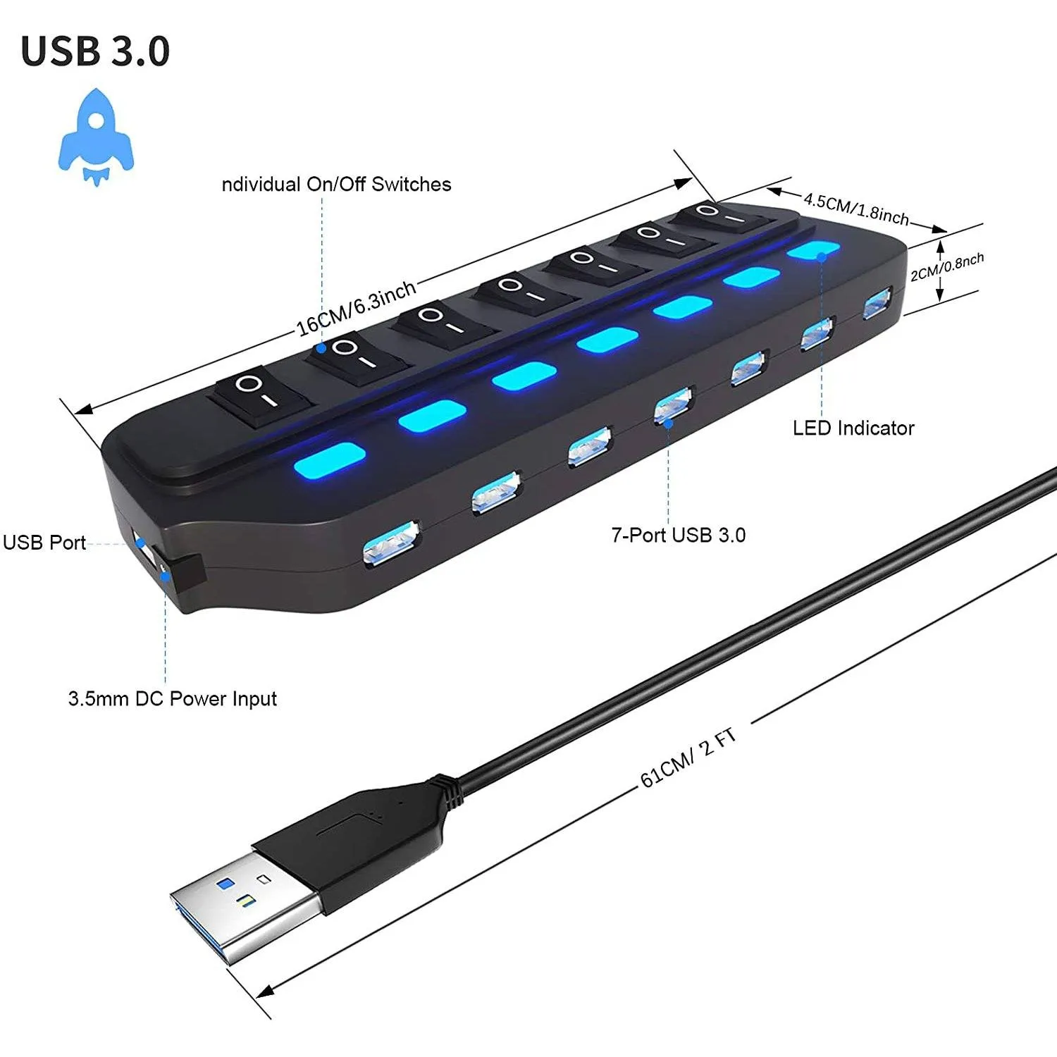 7 Port USB Data Hub 3.0 with Individual On/Off Switches and Lights