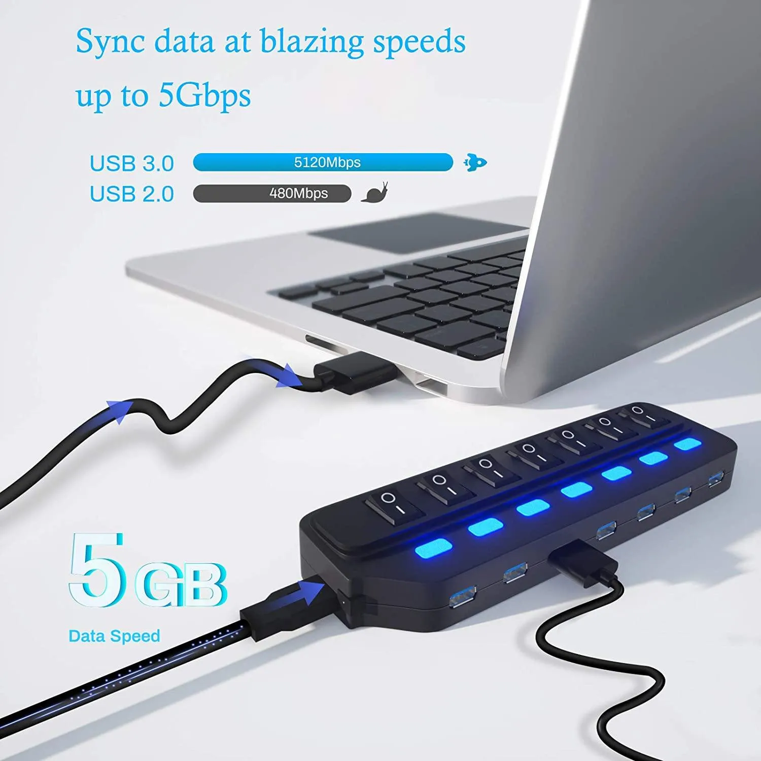 7 Port USB Data Hub 3.0 with Individual On/Off Switches and Lights