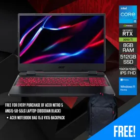 Acer Nitro 5 AN515-58-55LG Laptop (Obsidian Black) | 15.6" FHD 1920x1080 | i5-12500H | 8GB RAM DDR4 | 512 GB SSD | RTX 3050 Ti | Windows 11 Home | ACER Notebook Bag 15.6 VX15 Backpack