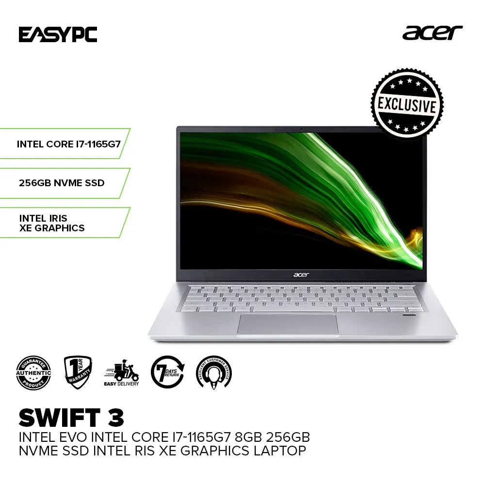 Acer Swift 3Intel Evo Intel Core i7-1165G7 8GB 256GB NVMe SSD Intel Iris Xe Graphics Win10 Laptop PS