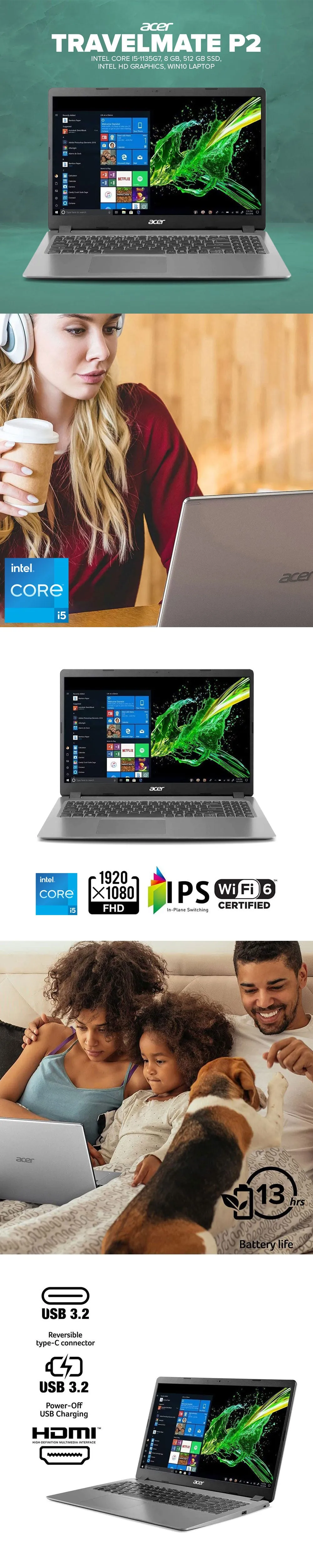 Acer TravelMate P2 Intel Core i5-1135G7/?8 GB/?512 GB SSD/Intel HD Graphics/Win10 Laptop PS