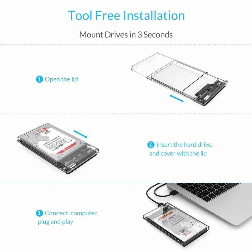 Fideco 2.5 Inch USB 3.0 Hard Transparent Drive Disk HDD External Enclosure Case (MR178WH)