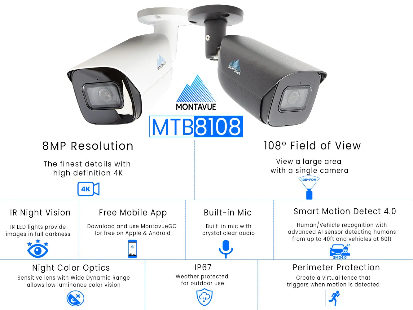 MTB8108-X Package | 8MP 4K SMD 4.0 Turret Cameras and 8 Channel NVR with 2TB HDD