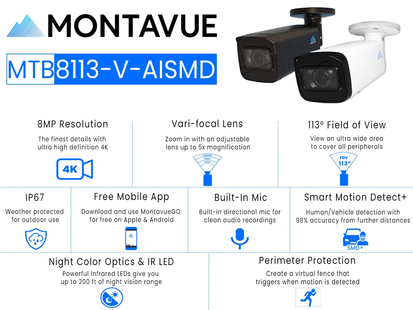 MTB8113-V-AISMD Package | 8MP 4K Smart Varifocal Bullet Cameras and 16 Channel 4 Series AI NVR and 3TB HDD