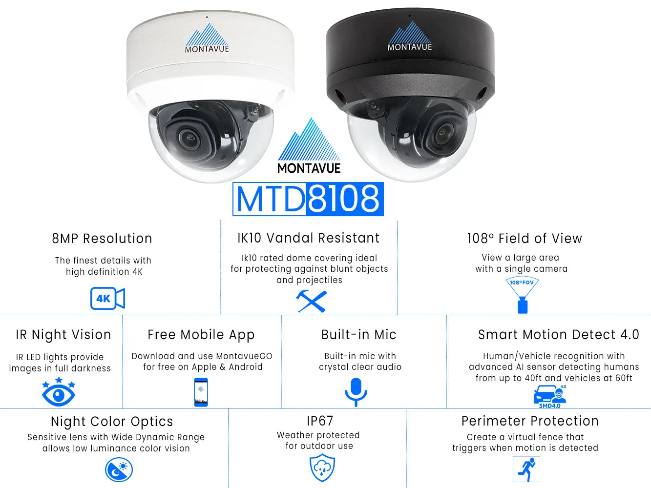 MTD8108-X Package | 8MP 4K SMD 4.0 Dome Cameras and 16 Channel NVR with 3TB HDD