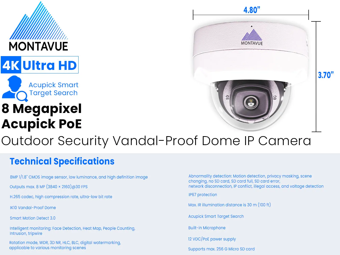 MTD8110 Package | 4K Acupick Vandal-Proof Dome Cameras and 5 Series 8 Channel AI NVR with 2TB HDD