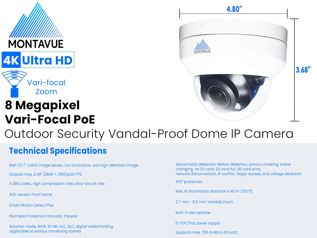 MTD8113-V-AISMD Package | 8MP 4K Smart Varifocal Dome Cameras and 16 Channel 4 Series AI NVR and 3TB HDD