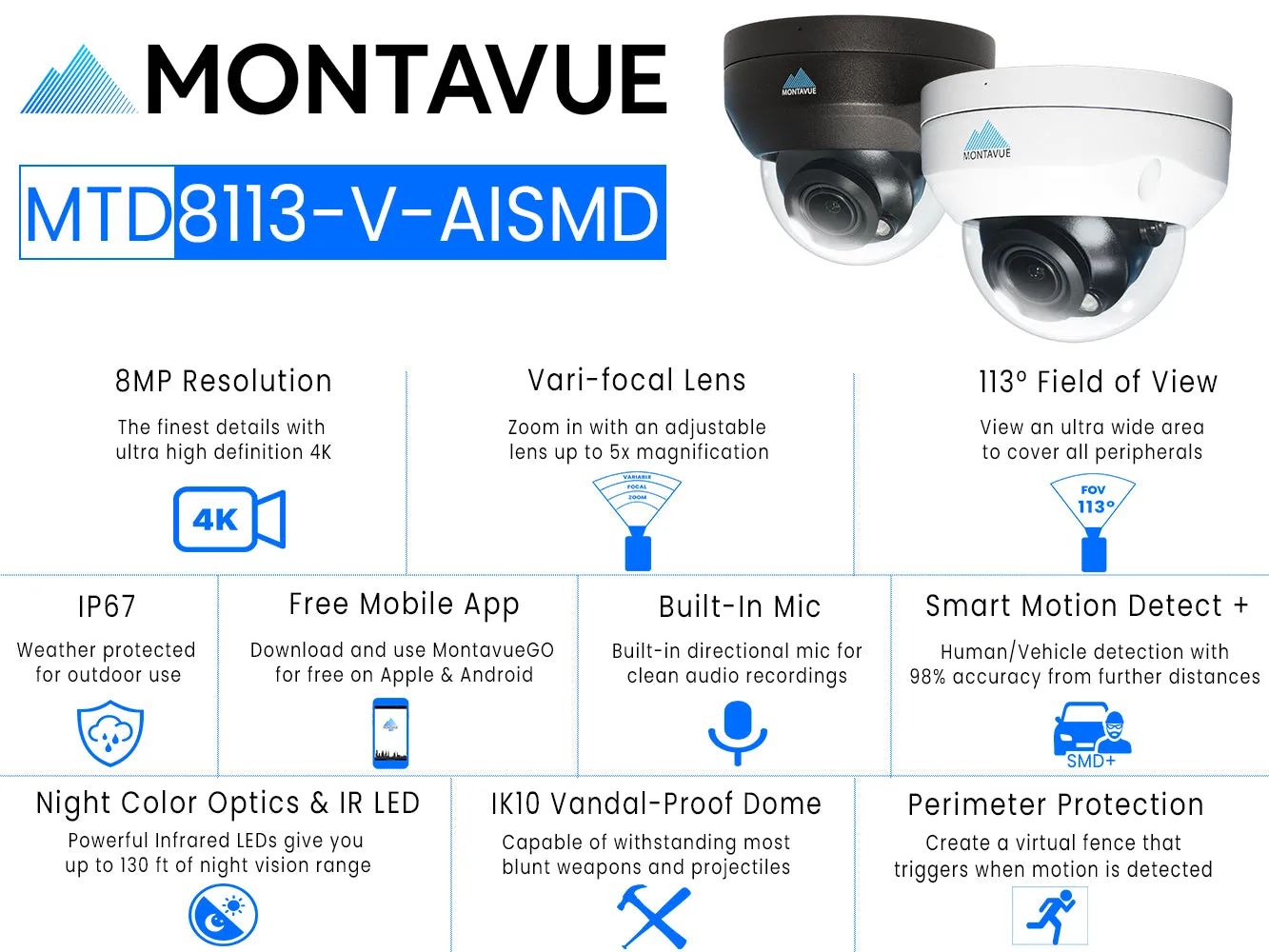 MTD8113-V-AISMD Package | 8MP 4K Smart Varifocal Dome Cameras and 16 Channel 4 Series AI NVR and 3TB HDD