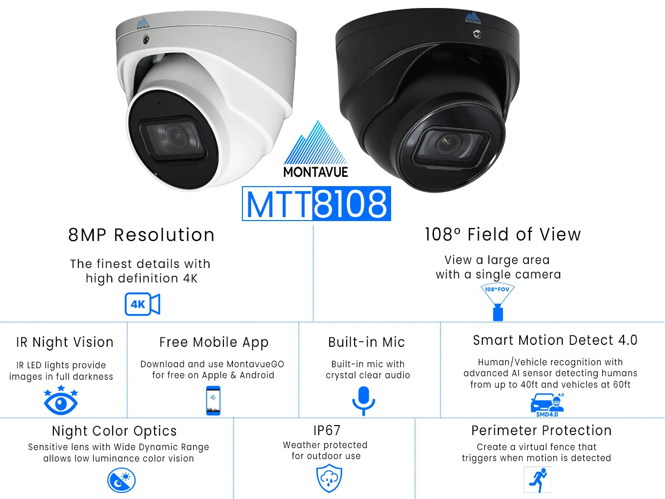 MTT8108-X Package | 8MP 4K SMD 4.0 Turret Cameras and 8 Channel NVR with 2TB HDD