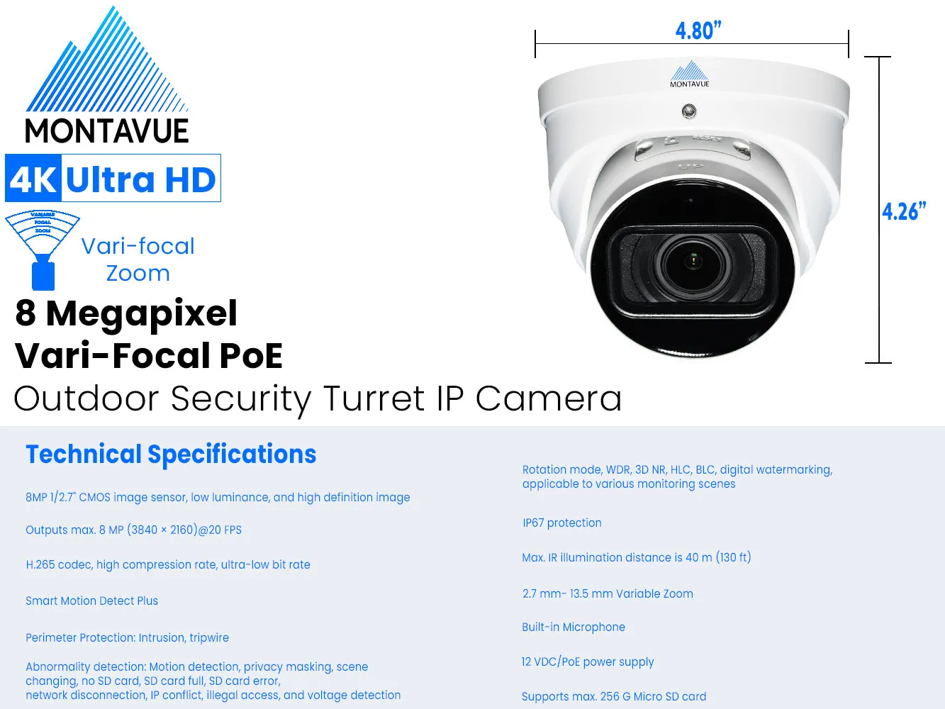 MTT8113-V-AISMD Package | 8MP 4K Smart Varifocal Turret Cameras and 8 Channel 4 Series AI NVR and 2TB HDD