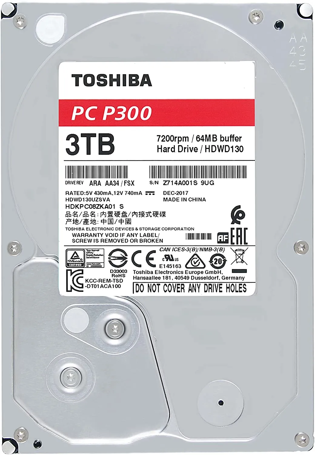 Toshiba P300-3 3TB SATA 3.5" Hard Drive 3TB Capacity 7200RPM Spin Speed HDWD130UZSVA, Internal HDD