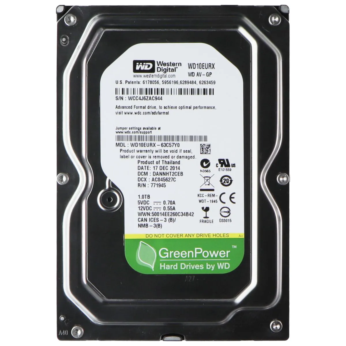 Western Digital (1TB) AV Video Hard Drive 3.5-in/SATA III/64MB Cache (WD10EURX)